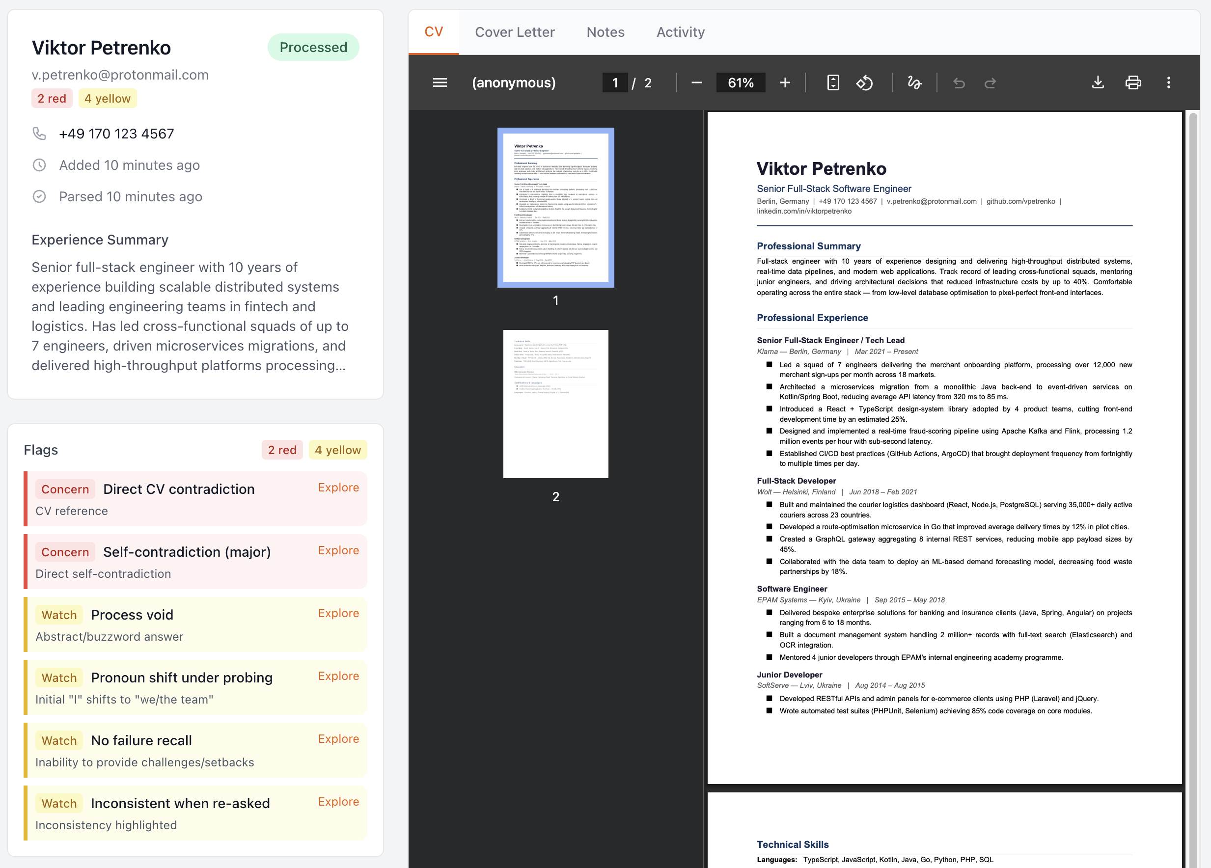 CandiScan candidate detail page showing evidence-based flags and CV analysis